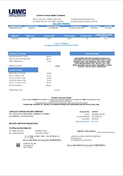 USA California Lincoln Avenue Water Company business utility bill template in Word and PDF formats